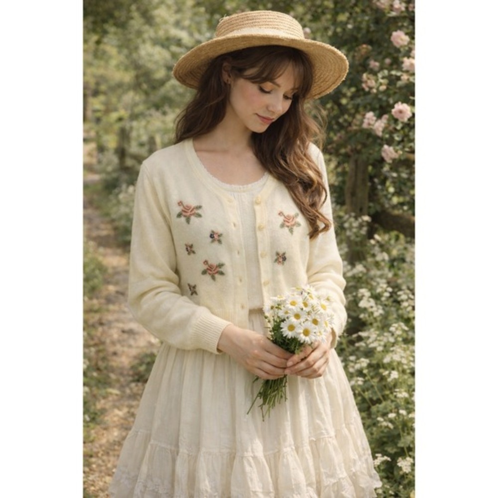 Vintage Cottage Core Cream Floral‎ Embroidered Button Front Cardigan Sweater L